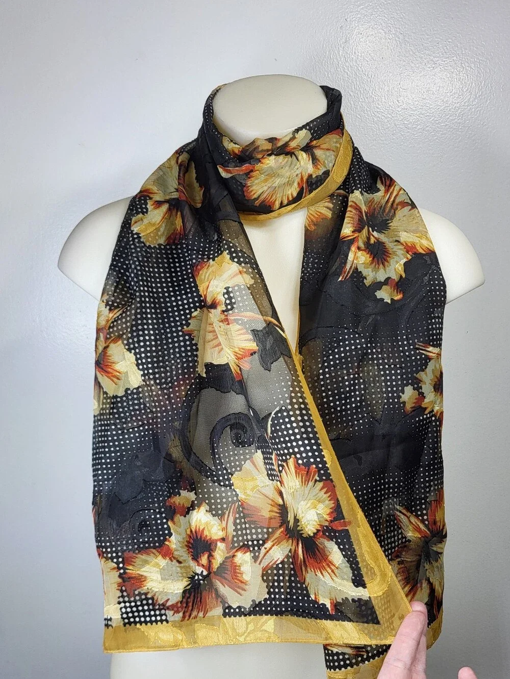 Mosi Silk Touch Black Floral Sheer Scarf with Yellow Accents 64
